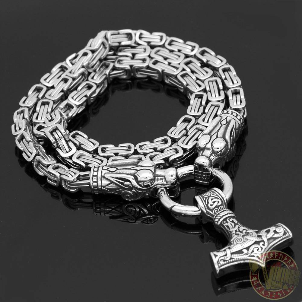 HANDMADE King's Stainless Steel Wolf Head Thor's Hammer Necklace - VikingsBrand