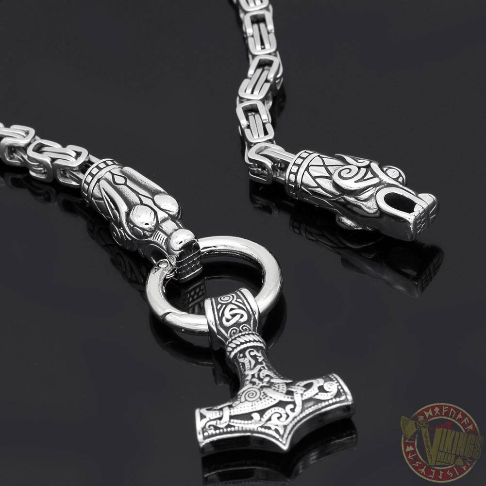 HANDMADE King's Stainless Steel Wolf Head Thor's Hammer Necklace - VikingsBrand