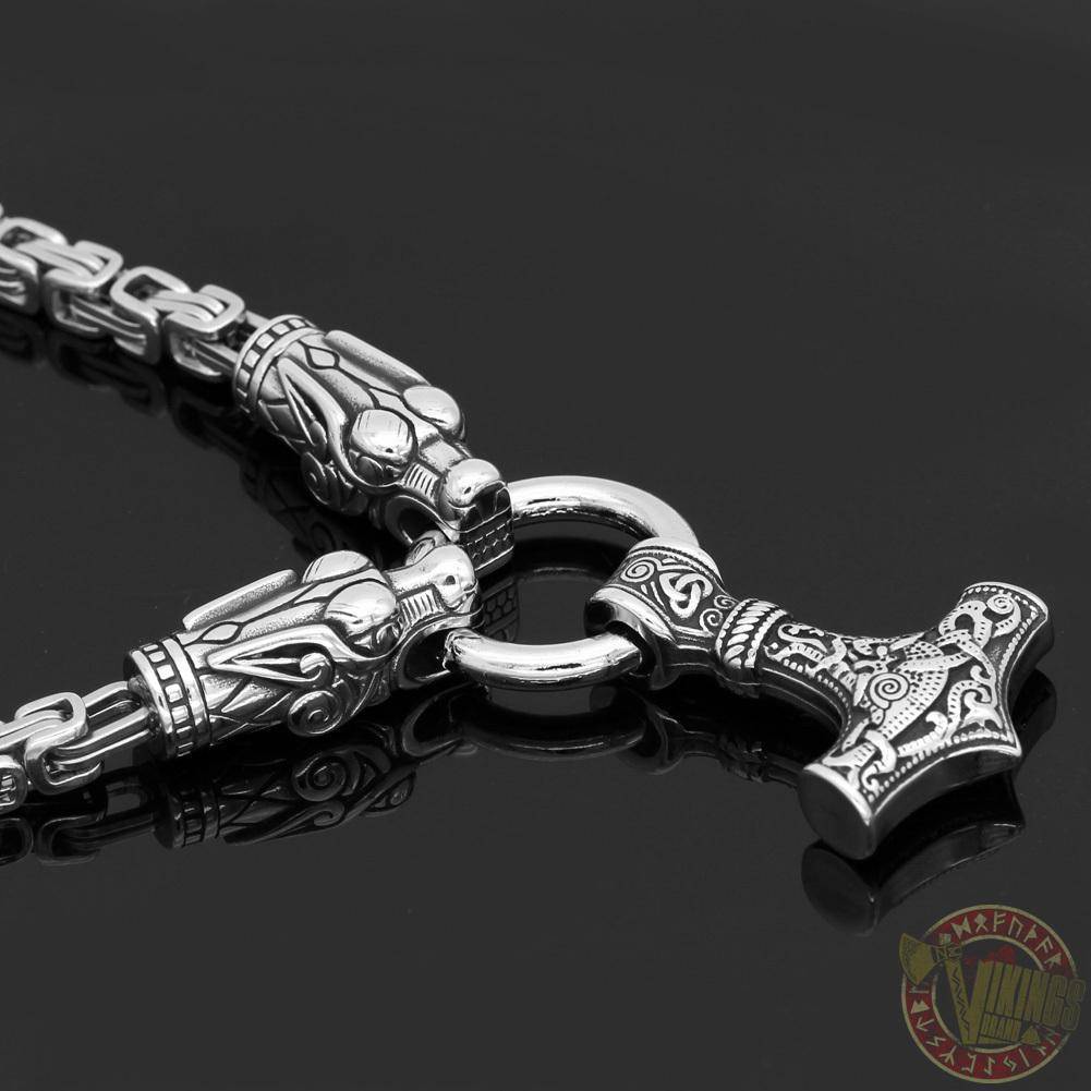 HANDMADE King's Stainless Steel Wolf Head Thor's Hammer Necklace - VikingsBrand