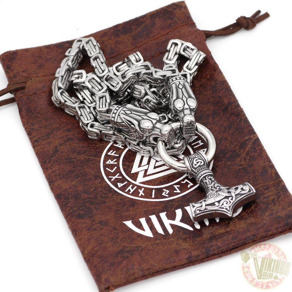 HANDMADE King's Stainless Steel Wolf Head Thor's Hammer Necklace - VikingsBrand
