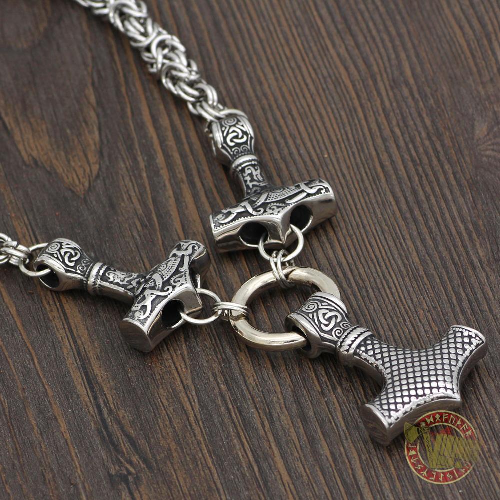 HANDMADE Massive Stainless Steel Viking Triple Mjolnir Necklace - VikingsBrand