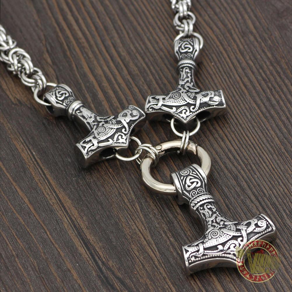 HANDMADE Massive Stainless Steel Viking Triple Mjolnir Necklace - VikingsBrand