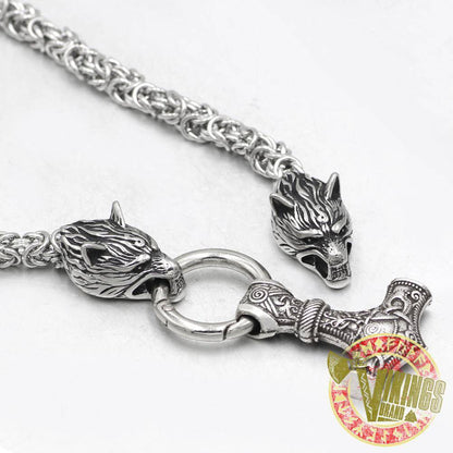 HANDMADE Massive Stainless Steel Wolf Head Necklace with Huge Thor's Hammer - VikingsBrand