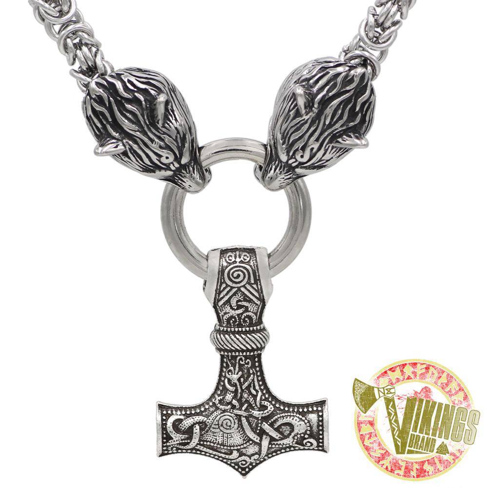 HANDMADE Massive Stainless Steel Wolf Head Necklace with Huge Thor's Hammer - VikingsBrand