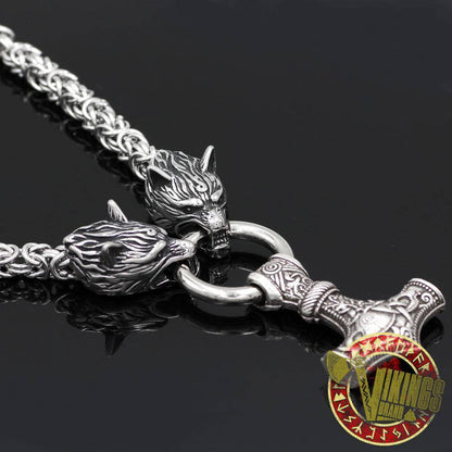 HANDMADE Massive Stainless Steel Wolf Head Necklace with Huge Thor's Hammer - VikingsBrand