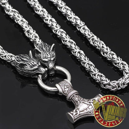 HANDMADE Massive Stainless Steel Wolf Head Necklace with Huge Thor's Hammer - VikingsBrand