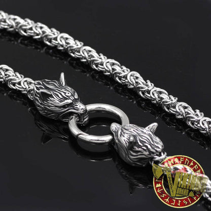 HANDMADE Massive Stainless Steel Wolf Head Necklace with Huge Thor's Hammer - VikingsBrand