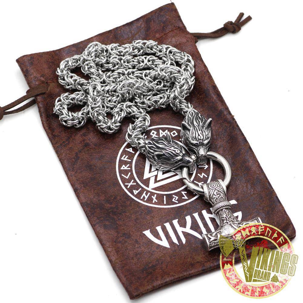 HANDMADE Massive Stainless Steel Wolf Head Necklace with Huge Thor's Hammer - VikingsBrand