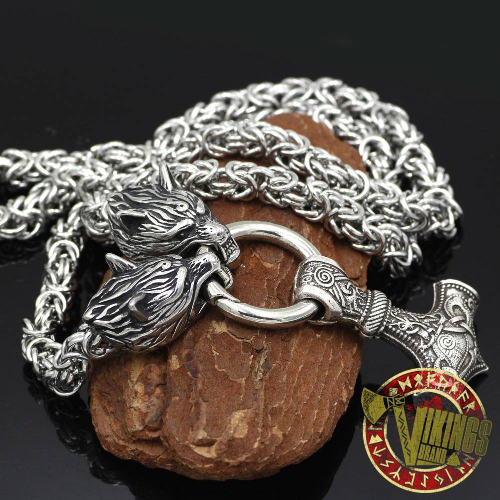HANDMADE Massive Stainless Steel Wolf Head Necklace with Huge Thor's Hammer - VikingsBrand