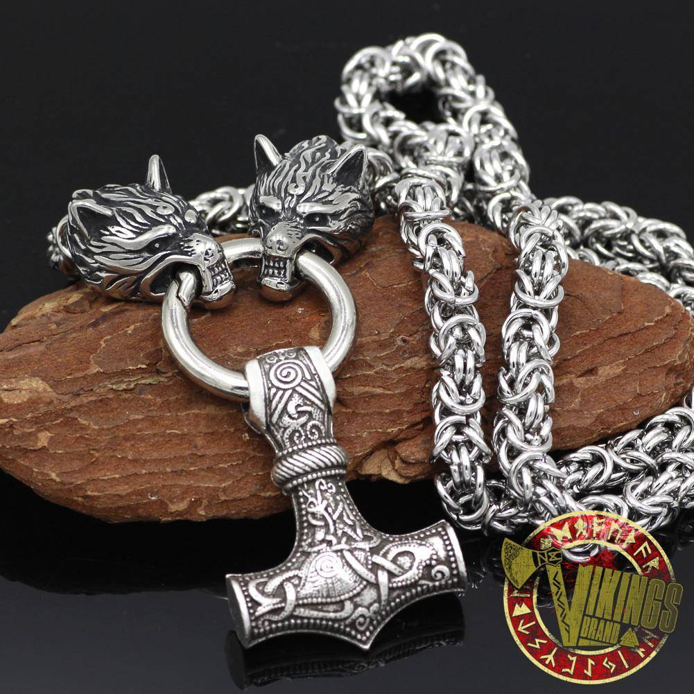 HANDMADE Massive Stainless Steel Wolf Head Necklace with Huge Thor's Hammer - VikingsBrand