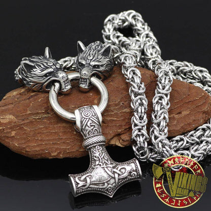 HANDMADE Massive Stainless Steel Wolf Head Necklace with Huge Thor's Hammer - VikingsBrand