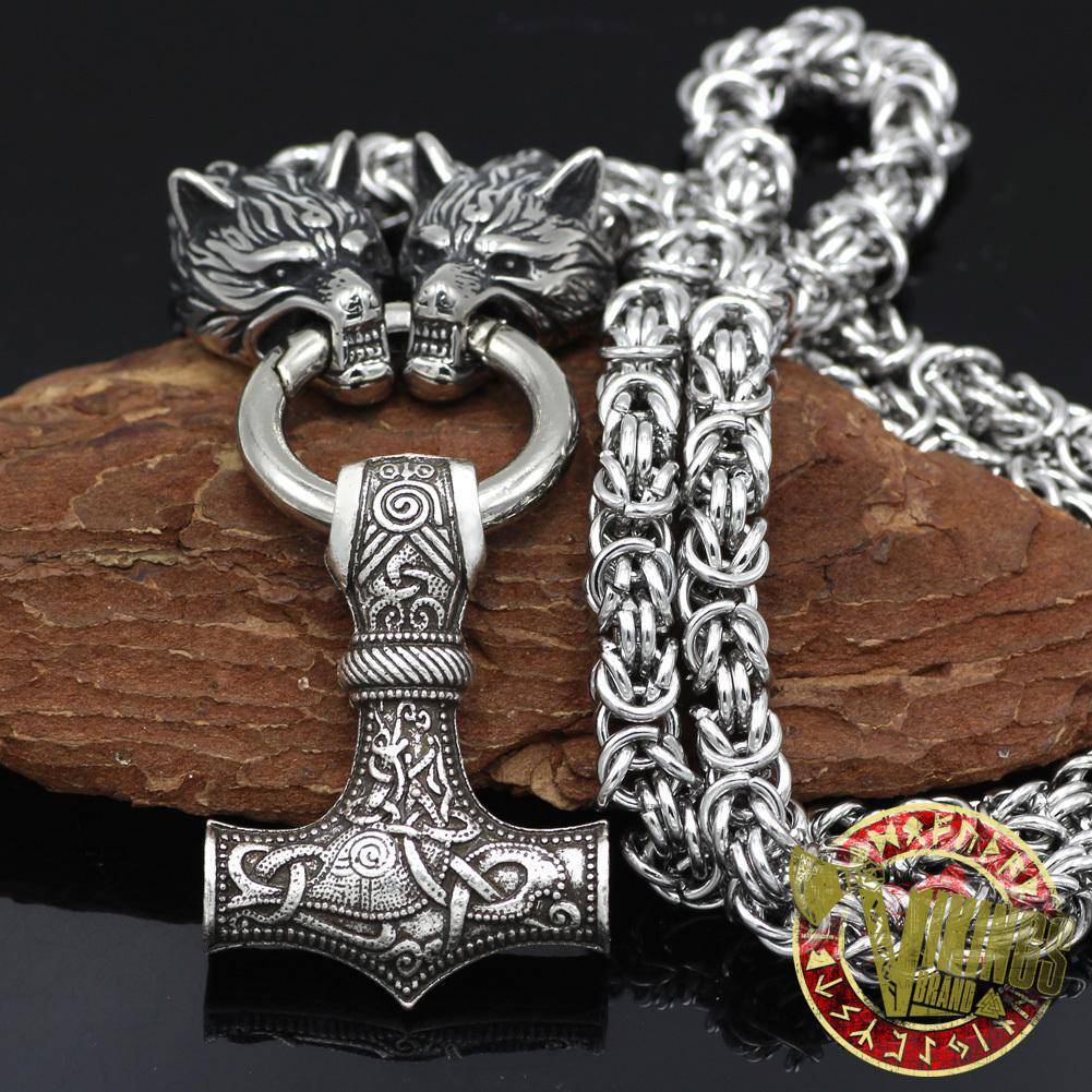 HANDMADE Massive Stainless Steel Wolf Head Necklace with Huge Thor's Hammer - VikingsBrand