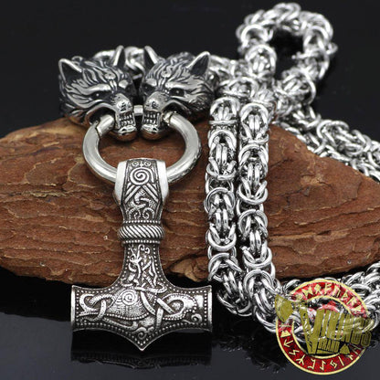 HANDMADE Massive Stainless Steel Wolf Head Necklace with Huge Thor's Hammer - VikingsBrand