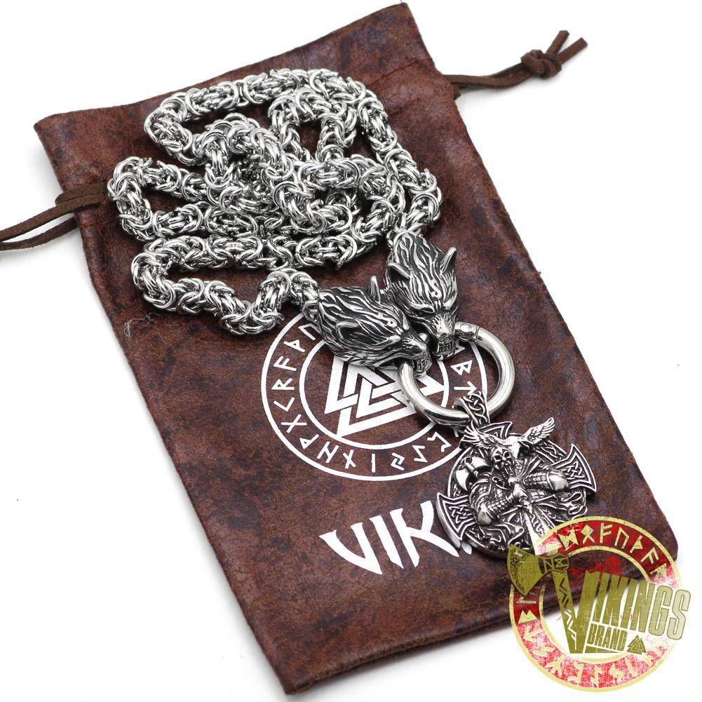 HANDMADE Massive Stainless Steel Wolf Head Necklace with Odin Warrior Pendant - VikingsBrand
