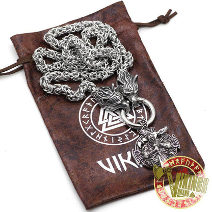HANDMADE Massive Stainless Steel Wolf Head Necklace with Odin Warrior Pendant - VikingsBrand