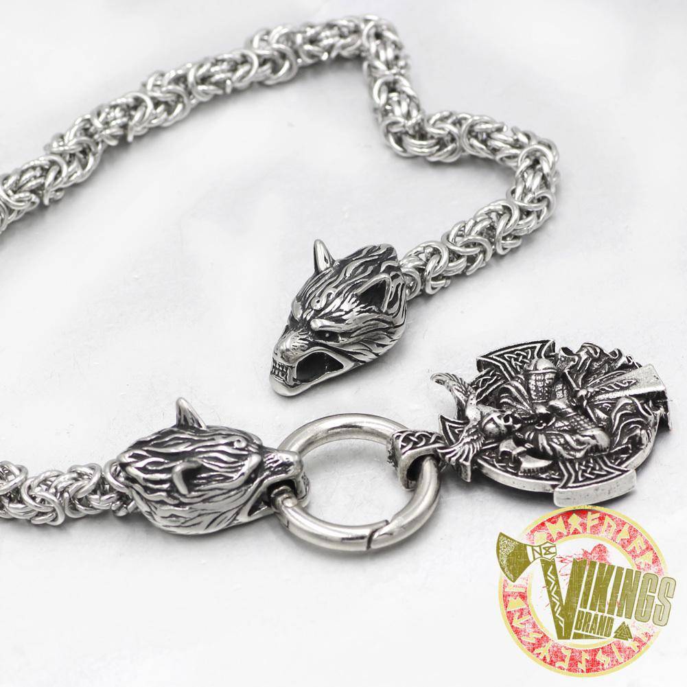 HANDMADE Massive Stainless Steel Wolf Head Necklace with Odin Warrior Pendant - VikingsBrand