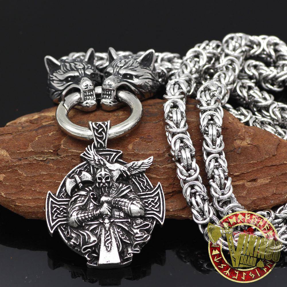 HANDMADE Massive Stainless Steel Wolf Head Necklace with Odin Warrior Pendant - VikingsBrand