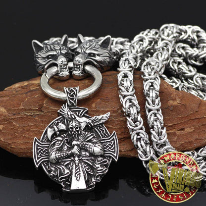 HANDMADE Massive Stainless Steel Wolf Head Necklace with Odin Warrior Pendant - VikingsBrand