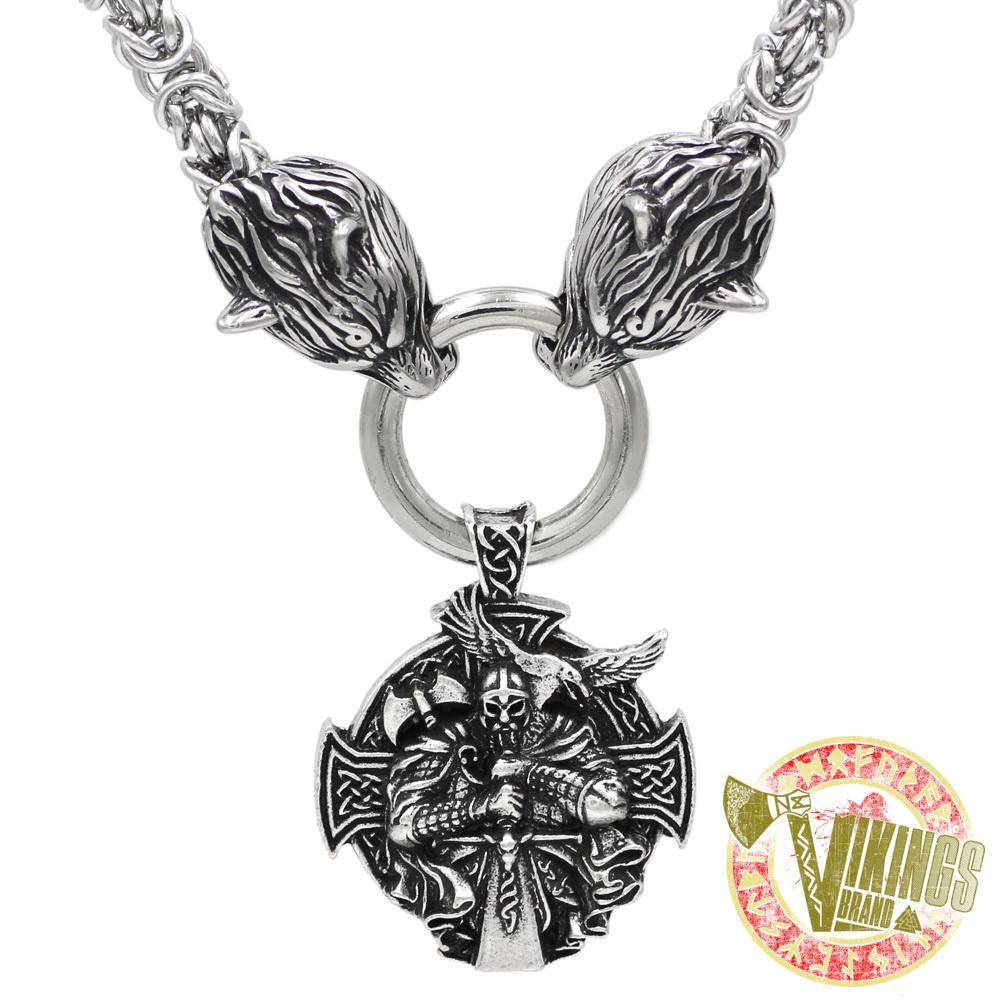 HANDMADE Massive Stainless Steel Wolf Head Necklace with Odin Warrior Pendant - VikingsBrand