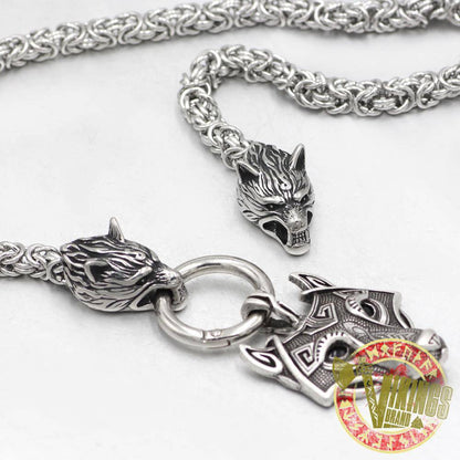 HANDMADE Massive Stainless Steel Wolf Head Necklace with Odin Warrior Pendant - VikingsBrand