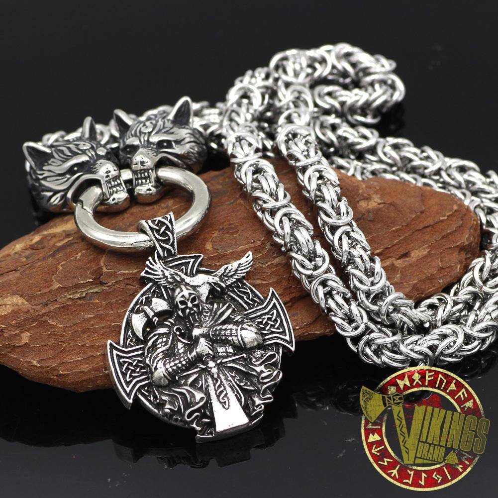 HANDMADE Massive Stainless Steel Wolf Head Necklace with Odin Warrior Pendant - VikingsBrand