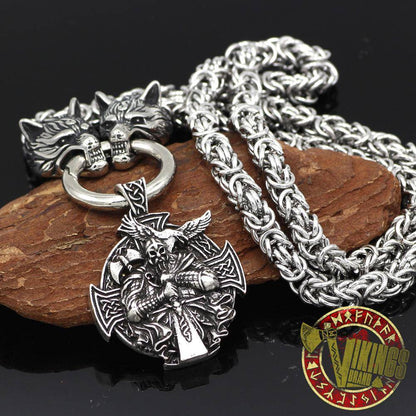 HANDMADE Massive Stainless Steel Wolf Head Necklace with Odin Warrior Pendant - VikingsBrand