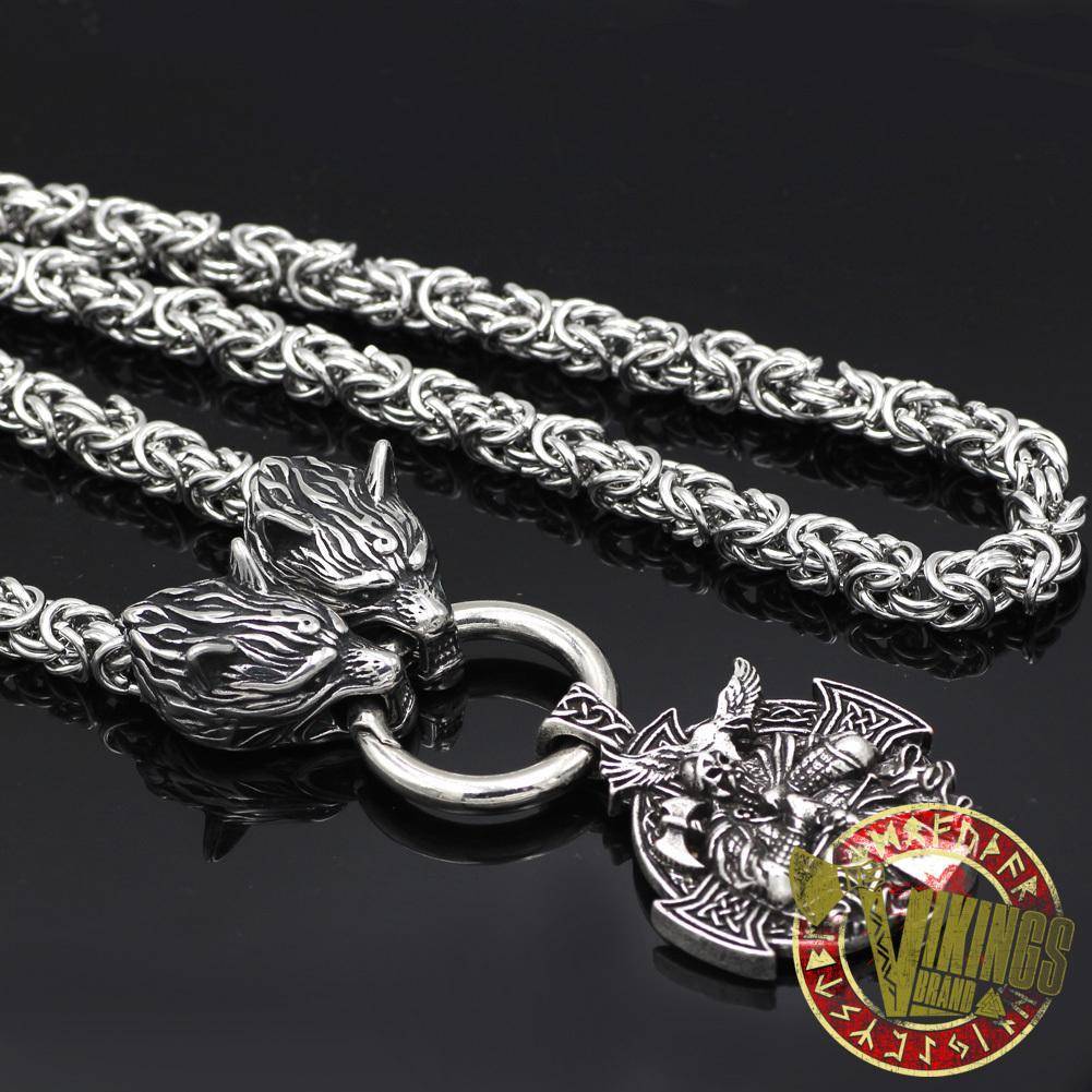 HANDMADE Massive Stainless Steel Wolf Head Necklace with Odin Warrior Pendant - VikingsBrand