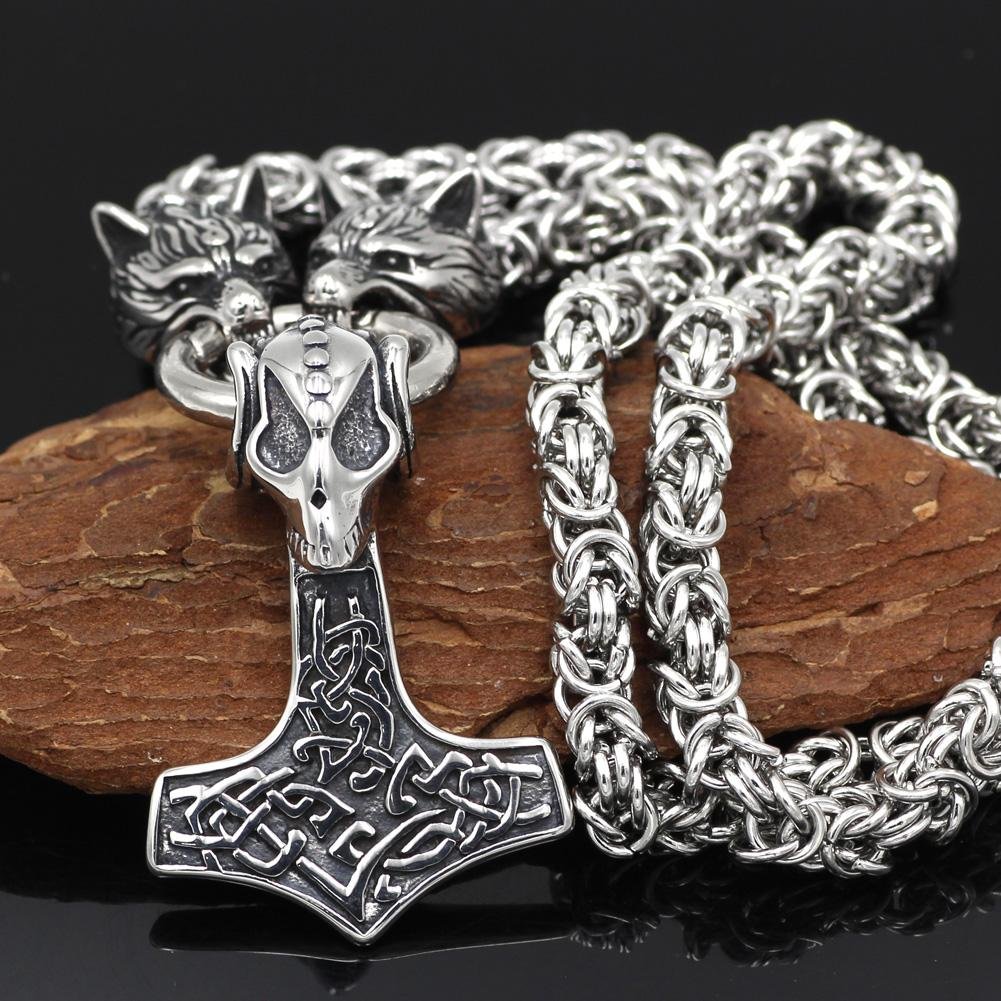 HANDMADE Massive Stainless Steel Wolf Head Necklace with Skull Thor's Hammer - VikingsBrand