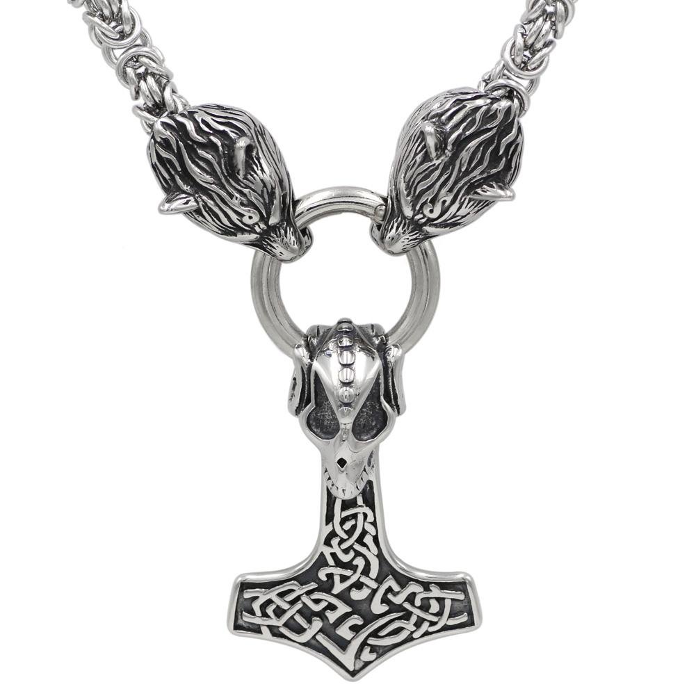 HANDMADE Massive Stainless Steel Wolf Head Necklace with Skull Thor's Hammer - VikingsBrand