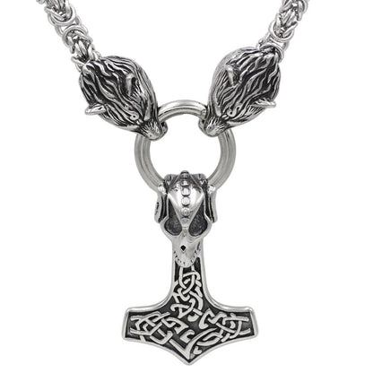 HANDMADE Massive Stainless Steel Wolf Head Necklace with Skull Thor's Hammer - VikingsBrand
