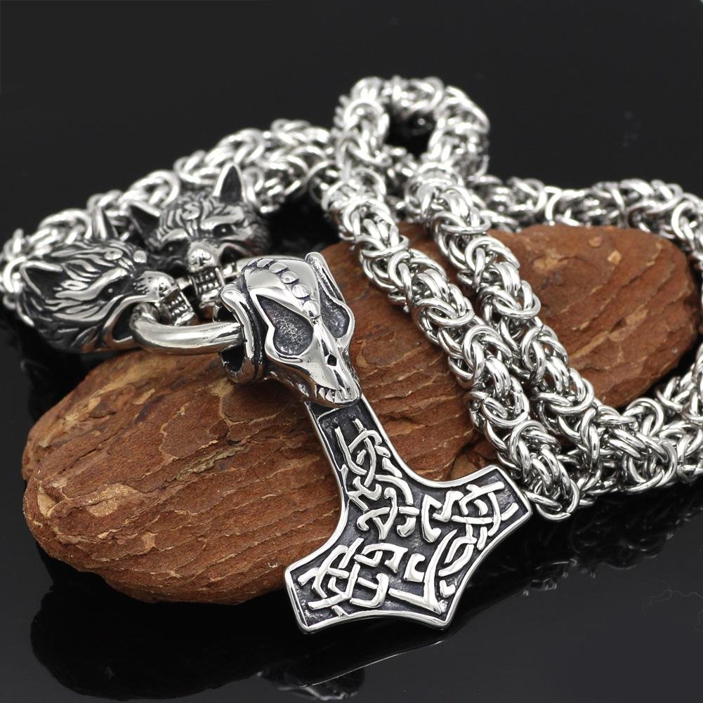 HANDMADE Massive Stainless Steel Wolf Head Necklace with Skull Thor's Hammer - VikingsBrand