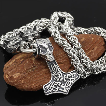 HANDMADE Massive Stainless Steel Wolf Head Necklace with Skull Thor's Hammer - VikingsBrand