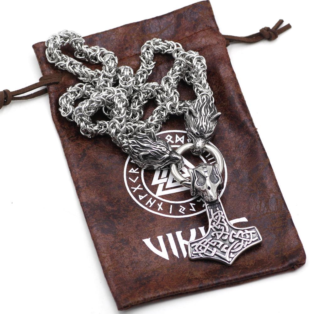 HANDMADE Massive Stainless Steel Wolf Head Necklace with Skull Thor's Hammer - VikingsBrand