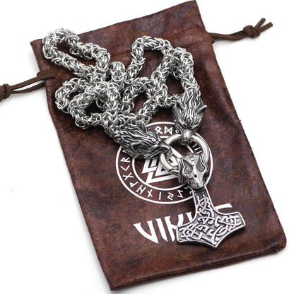 HANDMADE Massive Stainless Steel Wolf Head Necklace with Skull Thor's Hammer - VikingsBrand