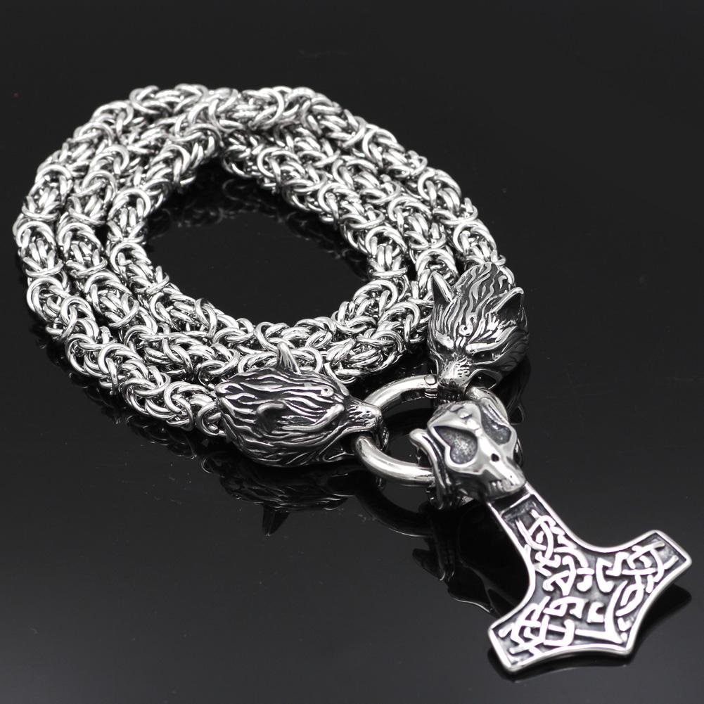 HANDMADE Massive Stainless Steel Wolf Head Necklace with Skull Thor's Hammer - VikingsBrand