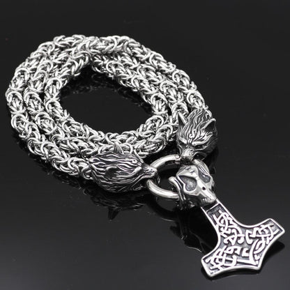 HANDMADE Massive Stainless Steel Wolf Head Necklace with Skull Thor's Hammer - VikingsBrand