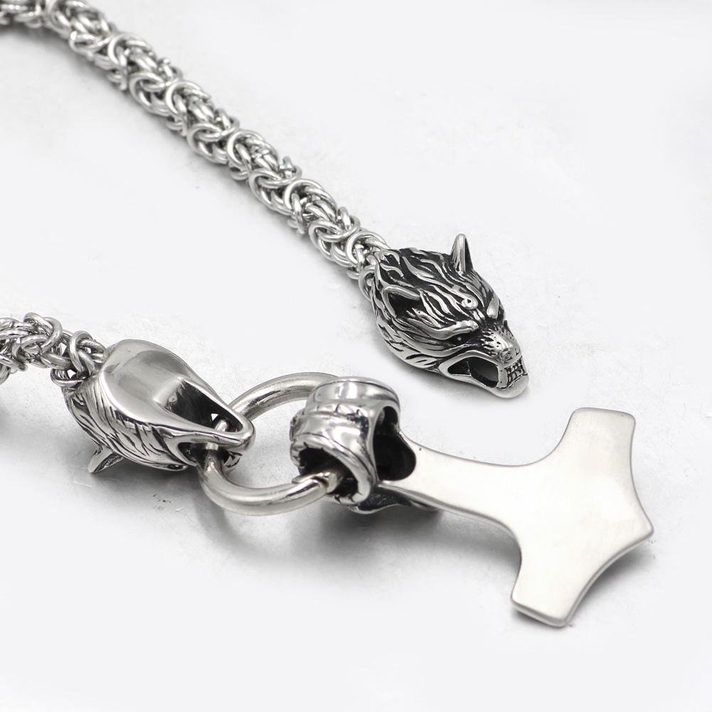 HANDMADE Massive Stainless Steel Wolf Head Necklace with Skull Thor's Hammer - VikingsBrand