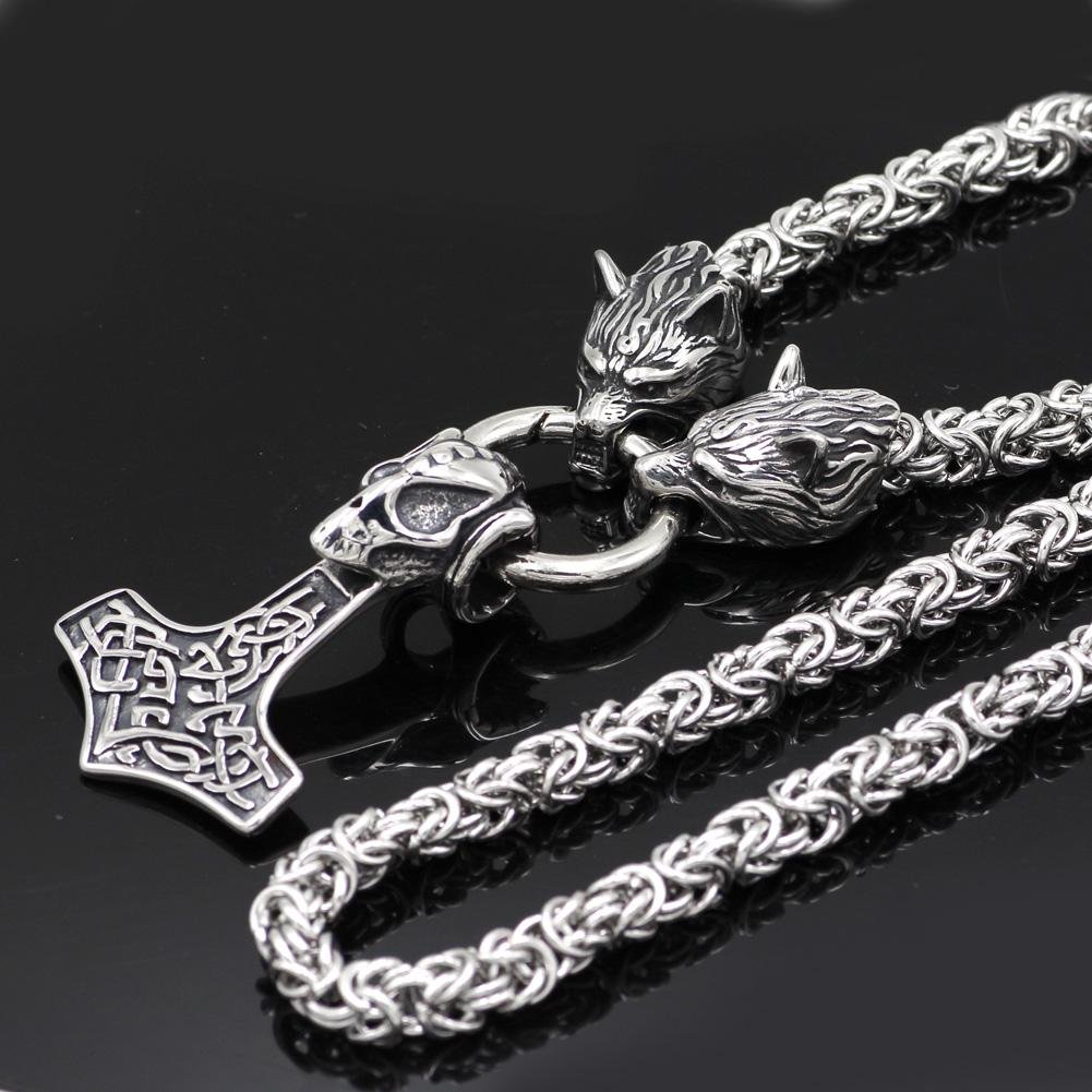 HANDMADE Massive Stainless Steel Wolf Head Necklace with Skull Thor's Hammer - VikingsBrand