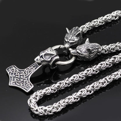 HANDMADE Massive Stainless Steel Wolf Head Necklace with Skull Thor's Hammer - VikingsBrand