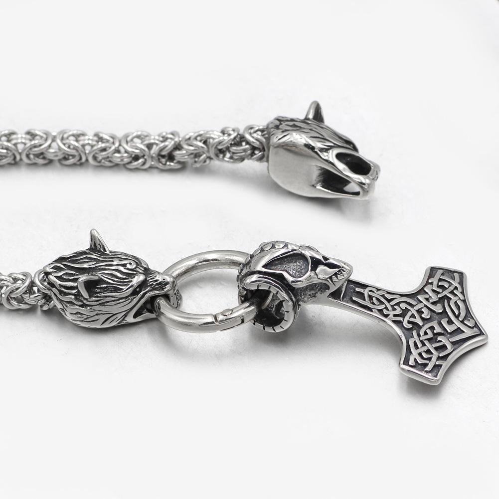 HANDMADE Massive Stainless Steel Wolf Head Necklace with Skull Thor's Hammer - VikingsBrand