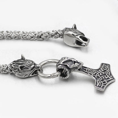 HANDMADE Massive Stainless Steel Wolf Head Necklace with Skull Thor's Hammer - VikingsBrand