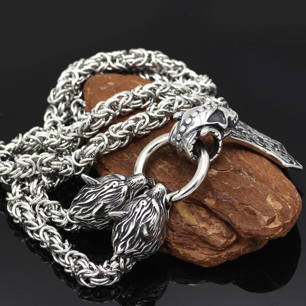 HANDMADE Massive Stainless Steel Wolf Head Necklace with Skull Thor's Hammer - VikingsBrand