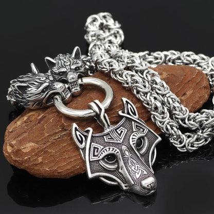 HANDMADE Massive Stainless Steel Wolf Head Necklace with Wolf Pendant - VikingsBrand