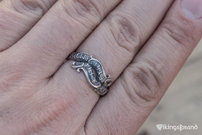 Handmade Ouroboros Viking Ring with Runes Symbol Sterling Silver Viking Jewelry