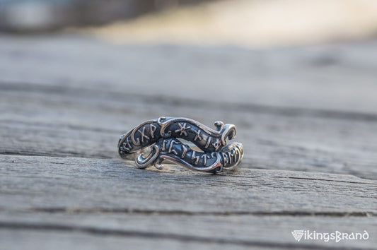 Handmade Ouroboros Viking Ring with Runes Symbol Sterling Silver Viking Jewelry
