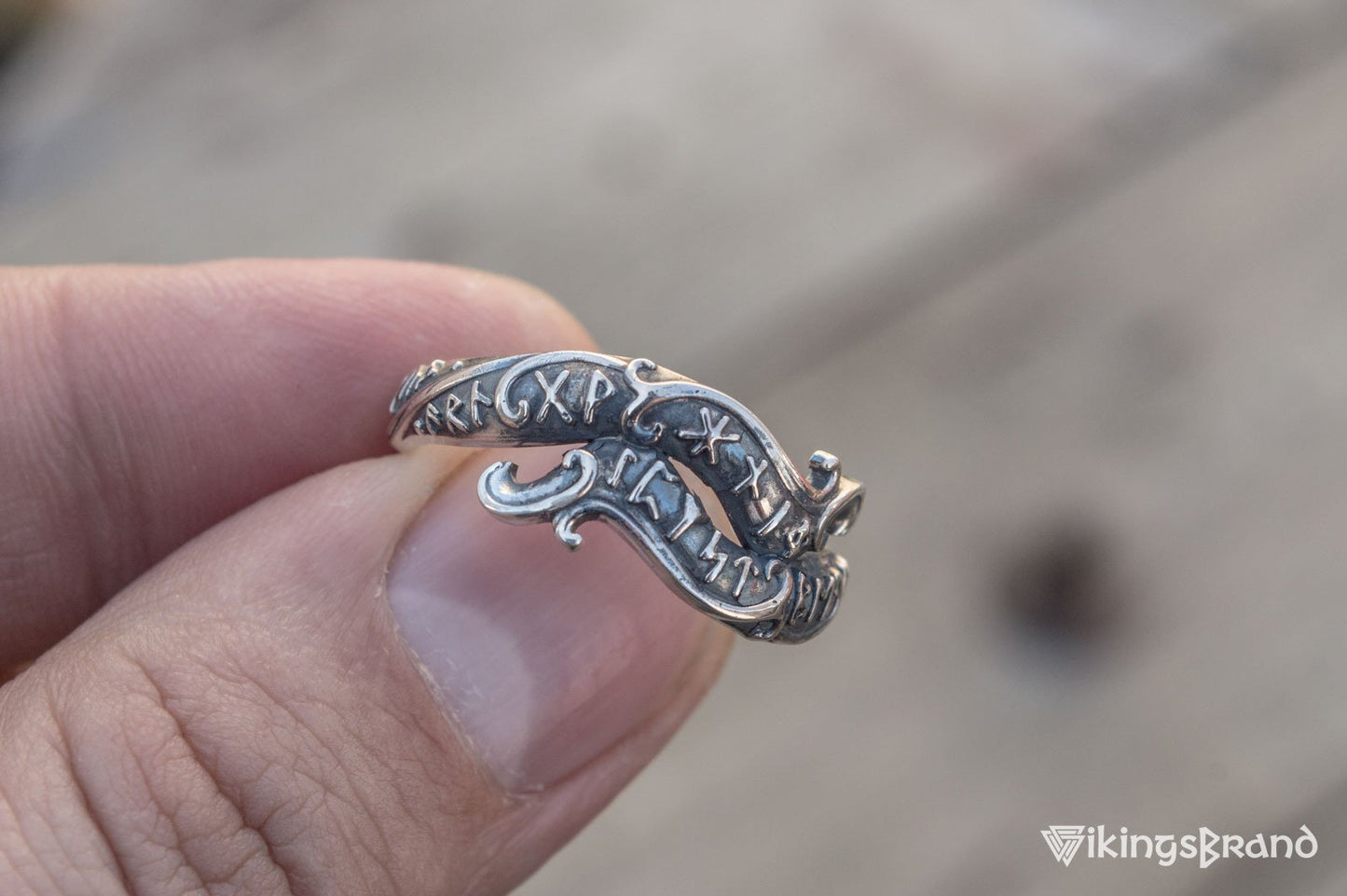 Handmade Ouroboros Viking Ring with Runes Symbol Sterling Silver Viking Jewelry