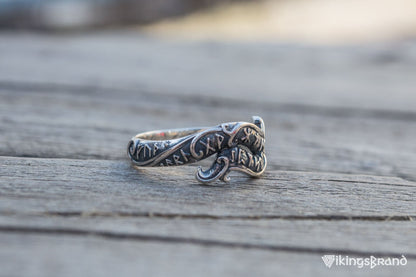 Handmade Ouroboros Viking Ring with Runes Symbol Sterling Silver Viking Jewelry