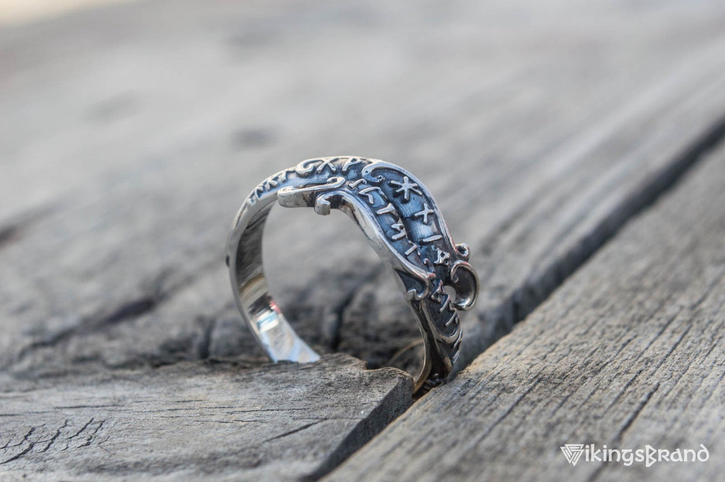 Handmade Ouroboros Viking Ring with Runes Symbol Sterling Silver Viking Jewelry