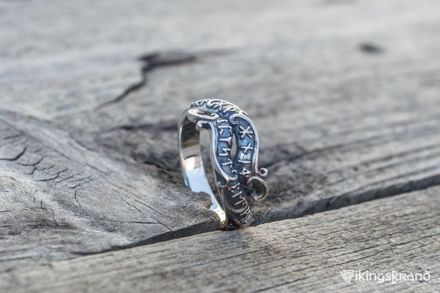 Handmade Ouroboros Viking Ring with Runes Symbol Sterling Silver Viking Jewelry