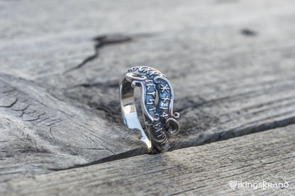 Handmade Ouroboros Viking Ring with Runes Symbol Sterling Silver Viking Jewelry